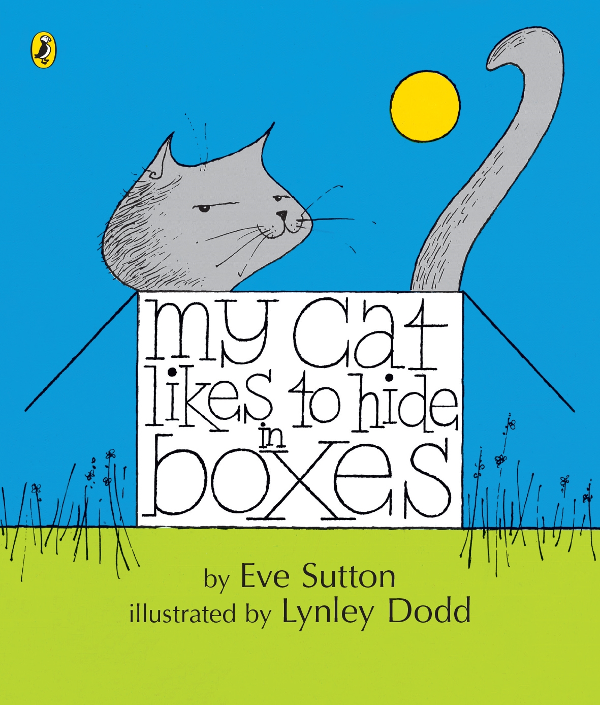 children's book cover. My Cat Likes to Hide in Boxes. grey cartoon cat in a box. the book title is on the box. by Eve Sutton illustrated by Lynley Dodd 